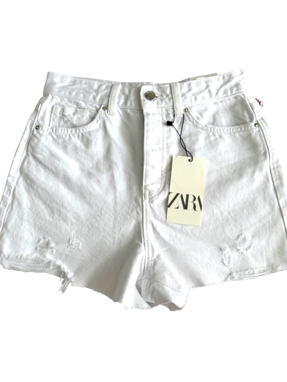 ZARA size 4 White Distressed frayed hem High-Rise stretch Denim Jean Shorts